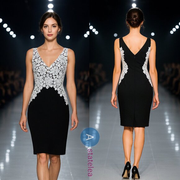 NEW Ralph Lauren Black & White Lace Sheath Dress- Elegant Evening Cocktail, Sz 4 - Picture 1 of 16